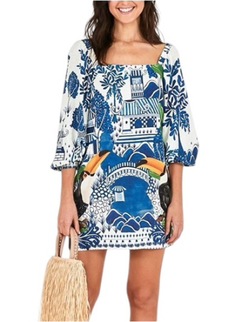 Farm Rio Ancient Garden Toucan Pagoda Print Linen Puff Sleeve Mini Dress - L